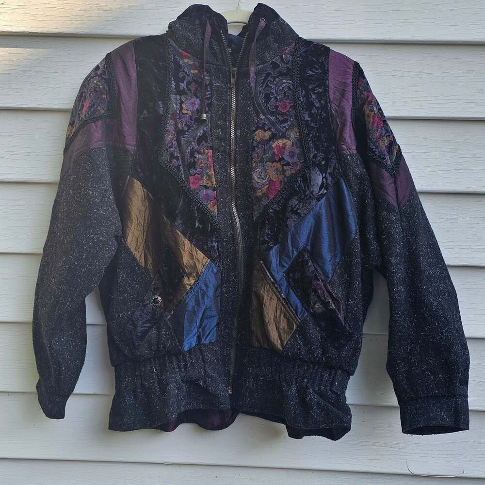 Karizma East Vintage Patchwork Jacket M Wool Velvet Floral Boho Art to Wear